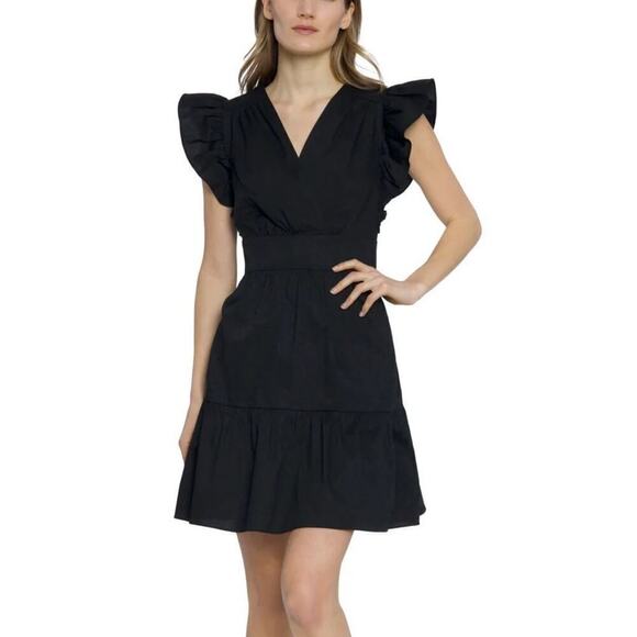 Donna Morgan Elkin Dress Ruffle Sleeve 2 Tier Fit & Flare Mini Black NWT Size 14 - Picture 1 of 12